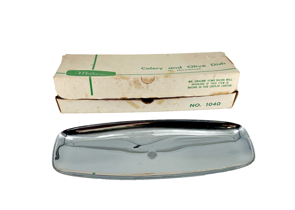 MCM Milbern Celery and Olive Dish Chromium Wood Base Original Box 13" x 5"